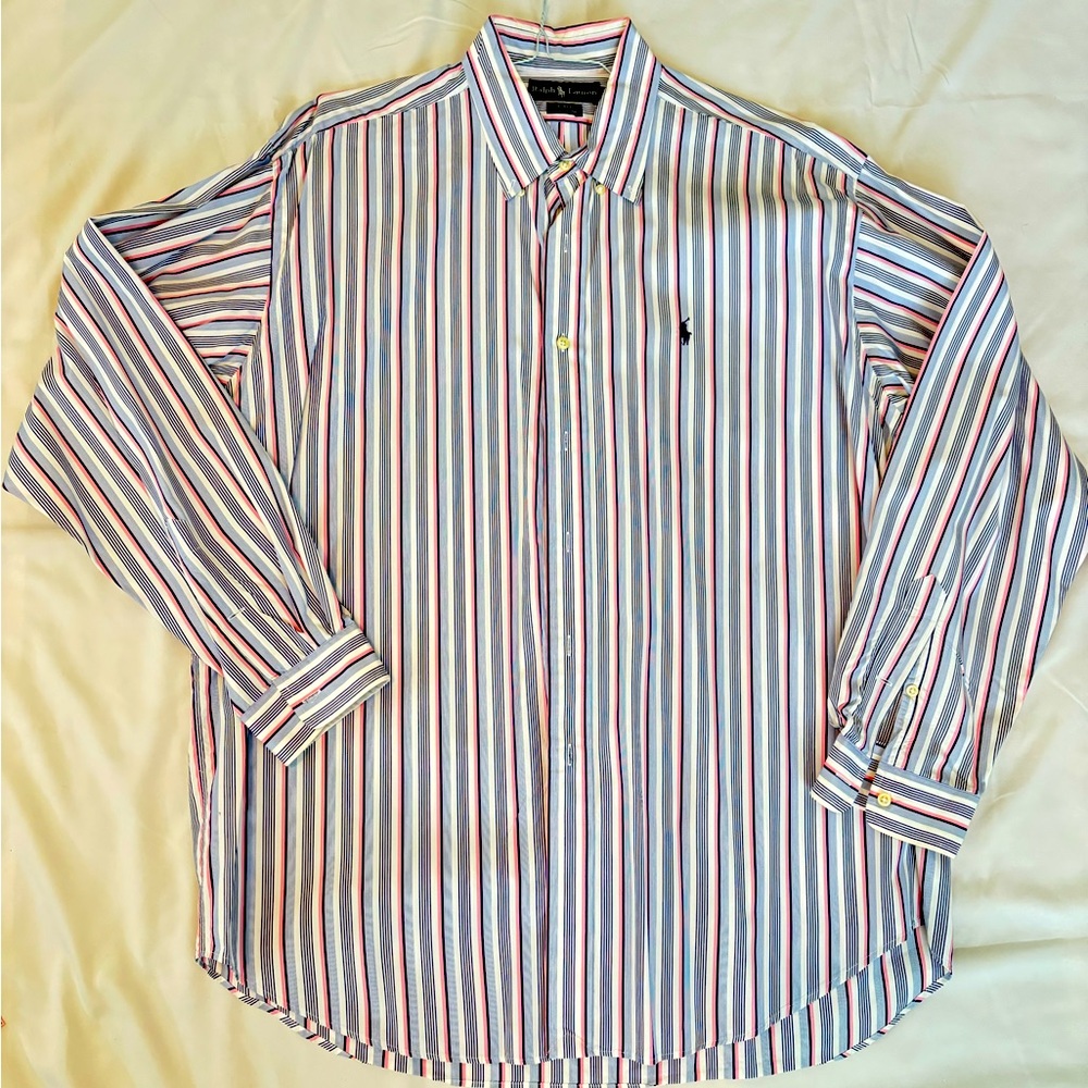 Men’s Ralph Lauren Blake Fit Pink Navy Striped Shirt Size XL